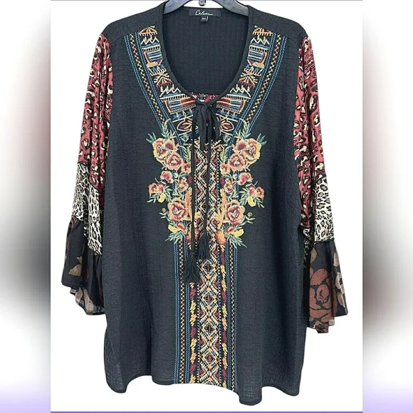 Boho 3XL Gypsy Art Embroidered Bell Tunic Top - Picture 3 of 12